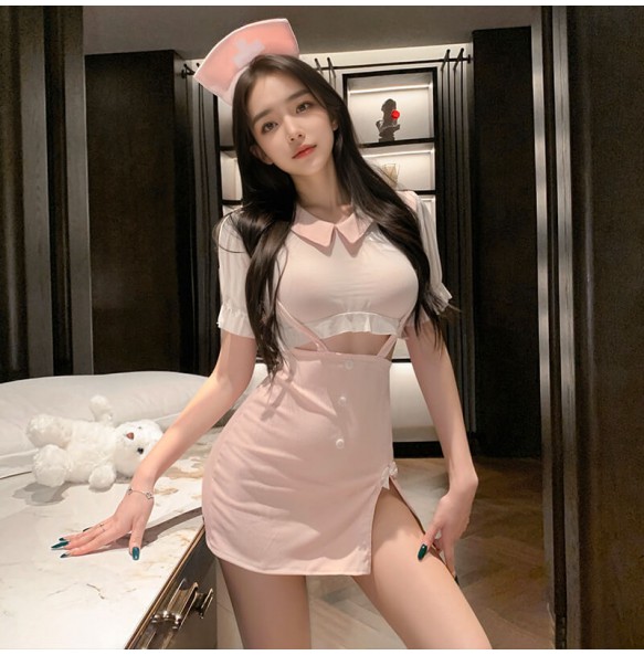 FEE ET MOI - See-Through Mesh Strappy Sweet Nurse Costume (Pink - White)